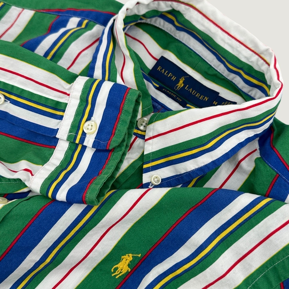 Ralph Lauren Button Down Shirt Mens M Green Multi Stripe Classic Fit 90s Style
